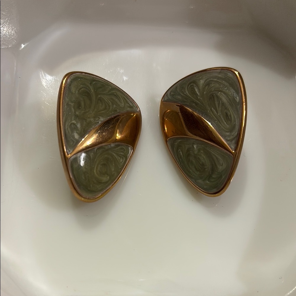 Vintage Monet Engraved Green and Gold Clip-On Earrings